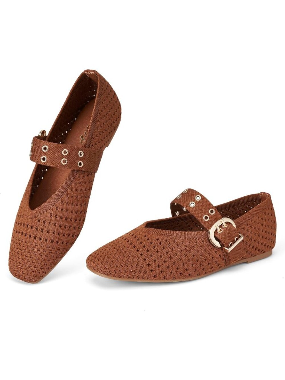 Women's Dark Brown Square Toe Ballet Flats with Buckle Straps Mary Jane Shoes